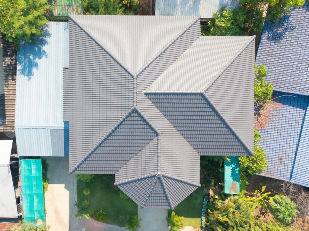 A hip roof slopes downward on all four sides