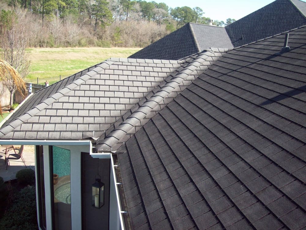Close-up of designer shingles installed on a residential roof
